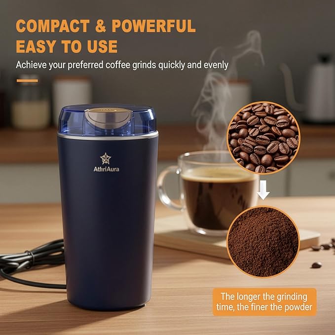 Athri Aura Portable Electric Grinder - Compact Multi Use for Coffee Beans, Spices Herbs & Dry Ingredients - Adjustable Coarseness for Home & Travel